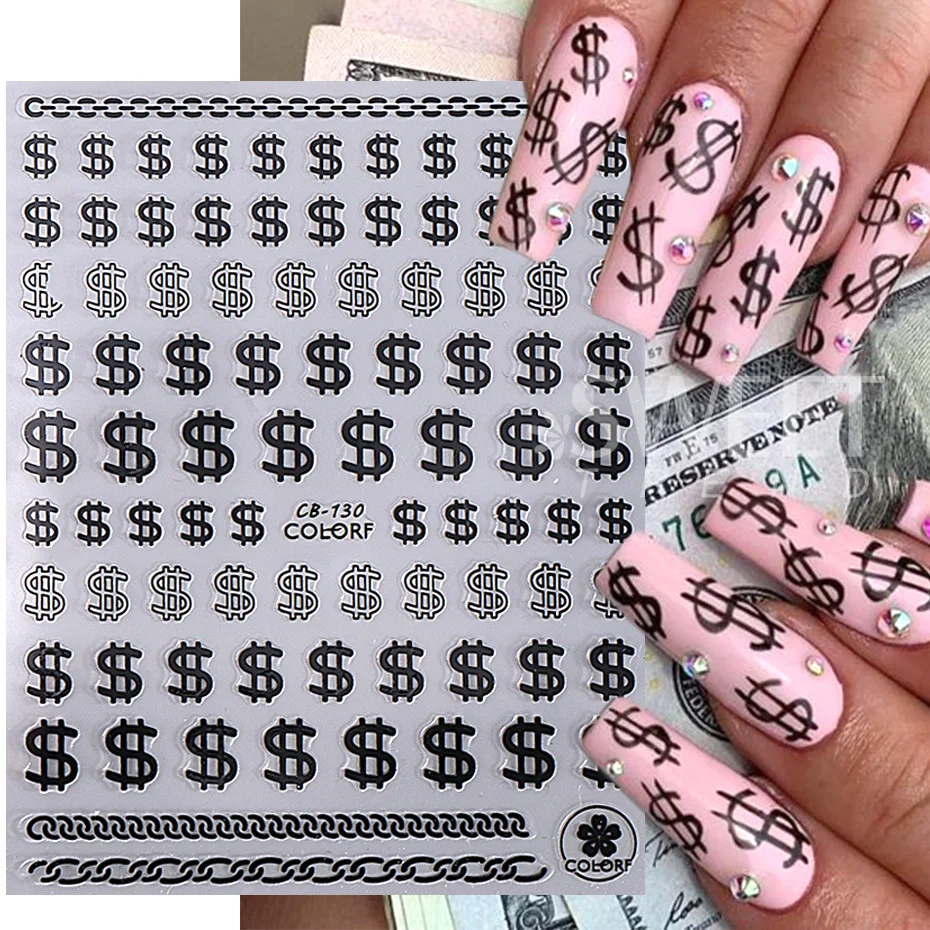 Metallic Dollar Sign Nail Stickers Black White Gold Silver 3D Currency Unit Symbol Decal Sliders DIY Holographic Nail Decoration