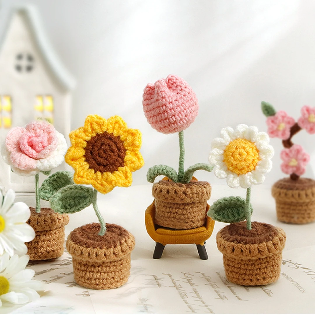 

Hand Knitting Potted Plants Wool Knitting Hand-woven Rose Sunflower Tulip Crochet Flower Auto Car Decoration Ornament Gift