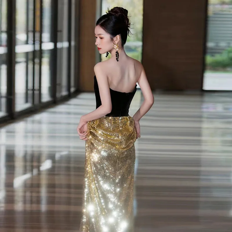 Avondjurk 2025 Tube Top Temperament Bar Mitswa Verjaardagsfeestje Jurk Zwart en Goud Fijne Flash Formele Jurk Vrouwen Elegant