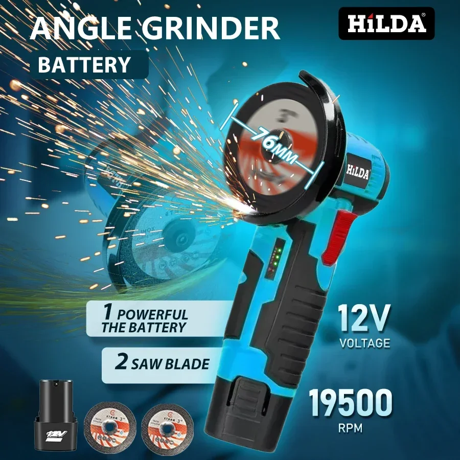 HILDA 12V 3/4 Inch Lithium Electric Angle Grinder Rechargeable Battery Brushed Polishing Machine Mini Cutting Machine