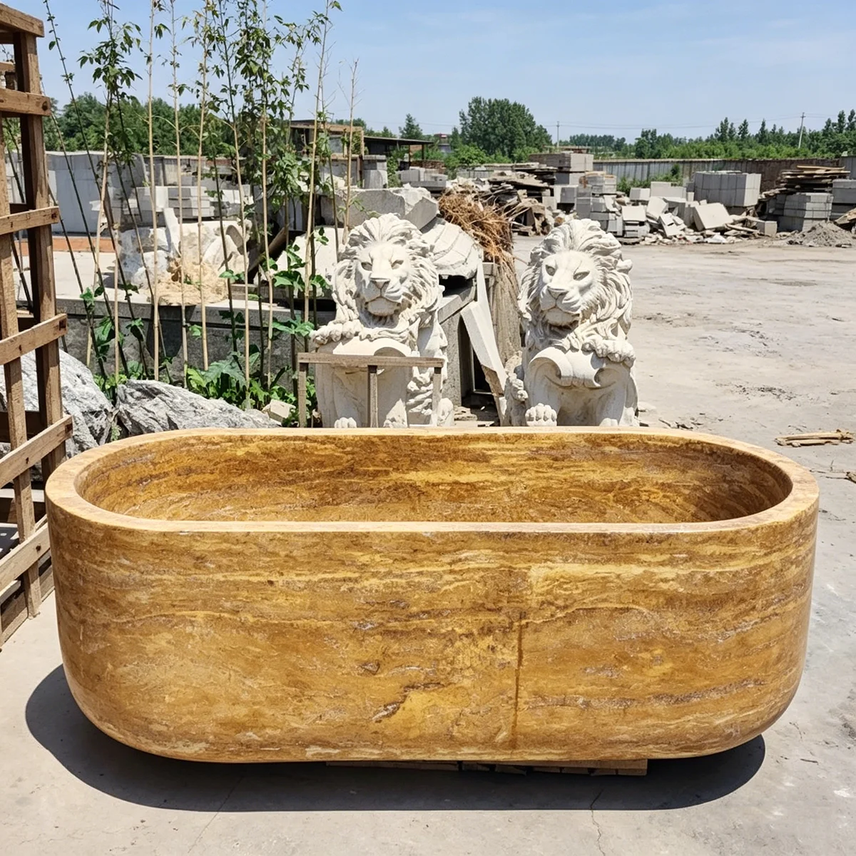 #￥Wholesale Factory Custom Golden Round Bathtub Natural Yellow Travertine Stone Freestanding Bath Tub for Sale Custom Size