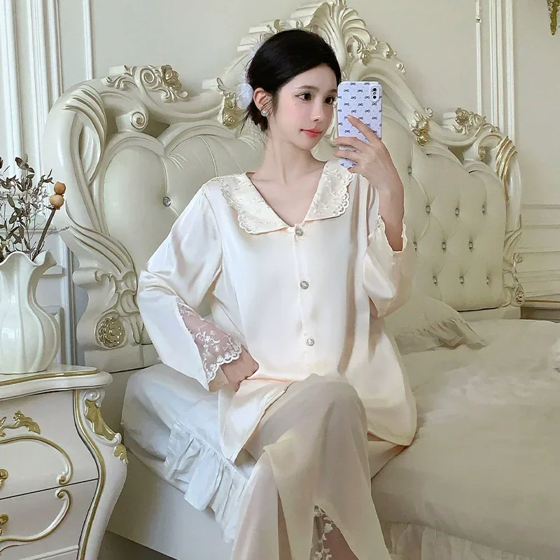 

Кружевной милый пижамный костюм, женская шелковистая одежда для сна, рубашка с длинными рукавами и брюки, комплект ночной рубашки из 2 предметов, весенняя пижама из искусственного шелка, домашняя одежда