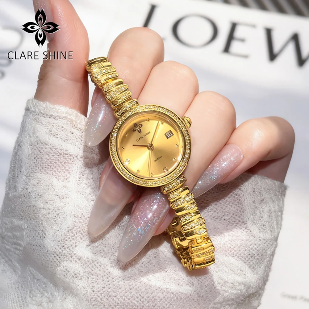 CLARE SHINE Women's Watches Fashion Wave Strap Luxury Diamond Quartz Wrist Watches Elegant Ladies Watches Necklace Set 7715 New