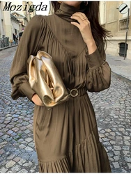 Elegant Long Sleeve A-line Dress Women Mid-Long Loose Dress Female Vintage Turtleneck Spring Dress Vestidos Femme Robe