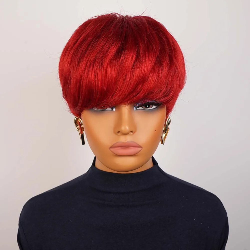 Parrucche rosse a taglio pixie a strati corti per donne nere Parrucca diritta per capelli umani Remy fatta a macchina con frangia per l'uso quotidiano
