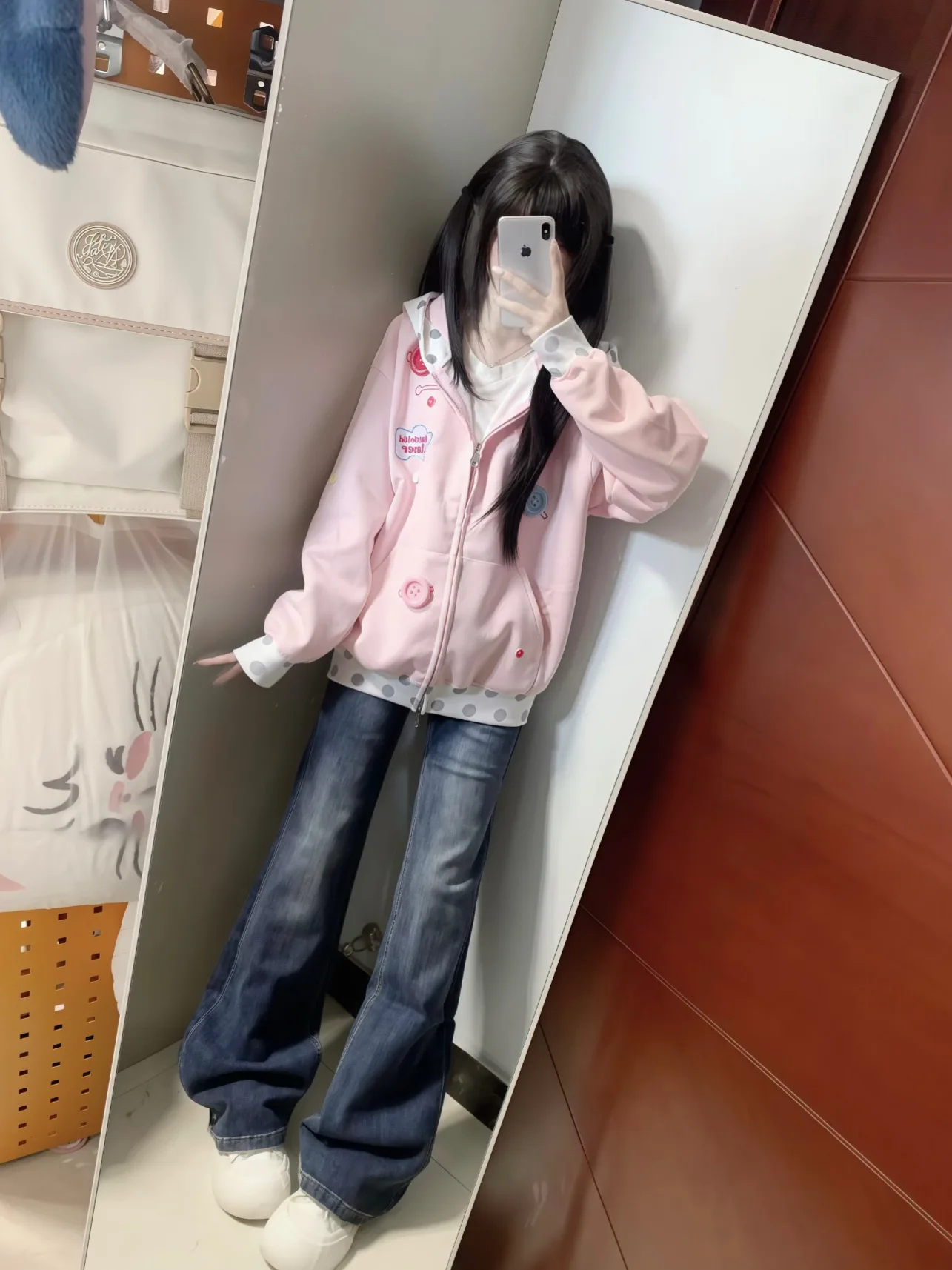 Pink Polka Dot Embroidered Hoodie Sweatshirt Women's Spring Autumn Loose Cute Patchwork Open Cardigan Outerwear