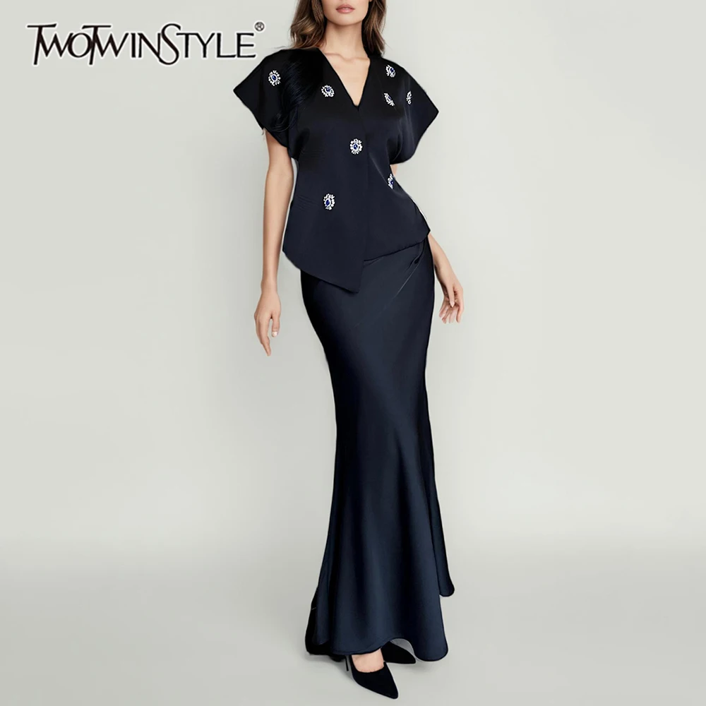 

TWOTWINSTYLE Slimming Elegant Two Piece Sets for Women V Neck Short Sleeves Patchwork Bead Top High Waist Long Skirt Set Female