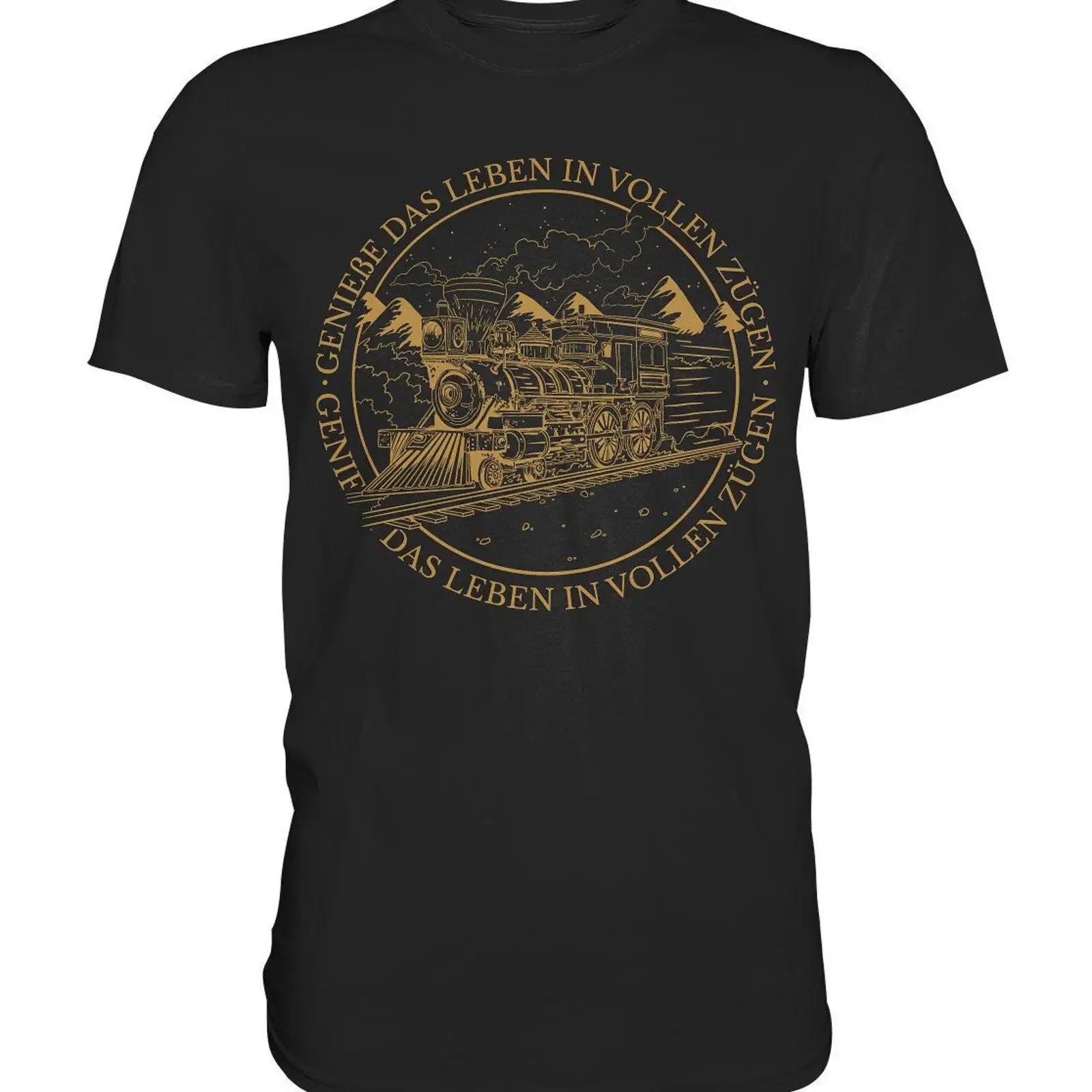 Vintage Steam Locomotive German Quote Genieße das Leben in vollen Zügen Gold T Shirt vintage Washed Casual Unisex Slightly