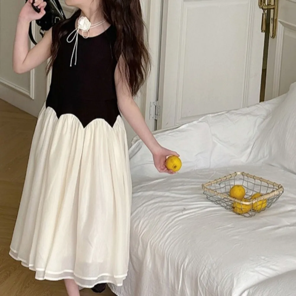 

Детское платье принцессы с круглым вырезом, черно-белое детское корейское длинное платье без рукавов, свободное повседневное сетчатое платье для девочек, вечерние