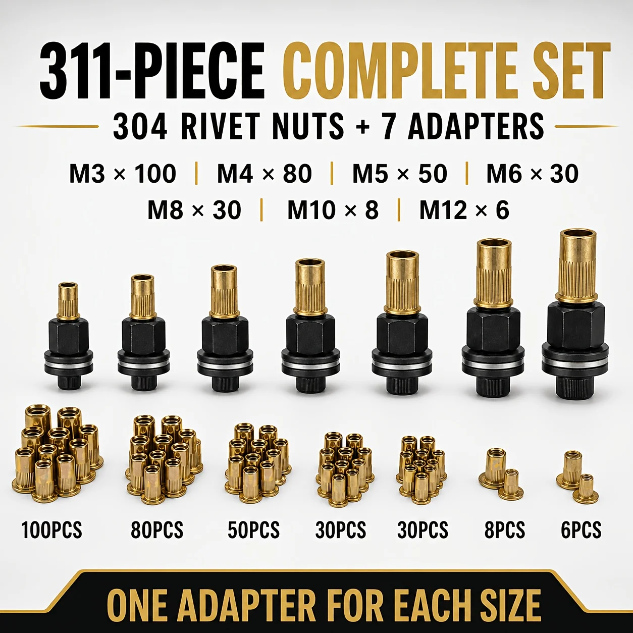 311pcs Rivet Nut Tool Set M3-M12, Metric Threaded Inserts, Hand Riveting Tool Kit for Furniture, Automotive, Marine & DIY