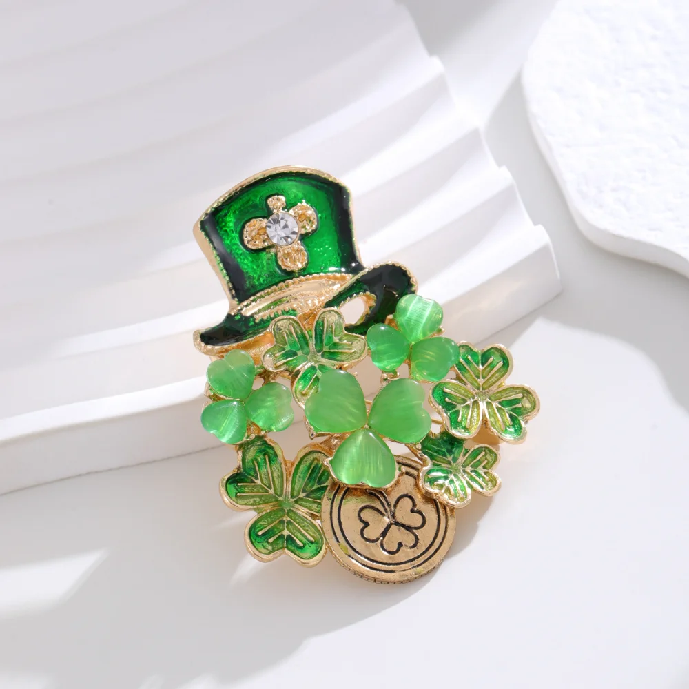 Irish Cultural Theme Brooch Overcoat Suit Casual Wear Pins Accessory Green Shamrock Brooch Oil Drops Lucky Plant Corsage Pin
