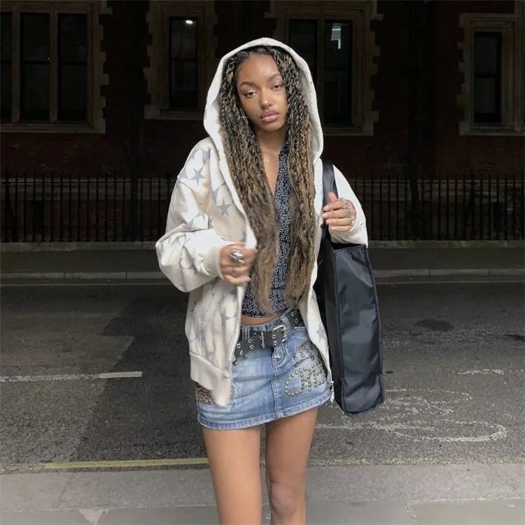 Women Harajuku Star Printed Sweatshirts Loose Casual Cardigan Tops Coats Streetwear Y2K Gothic Grunge Vintage Zip Up Hoodies