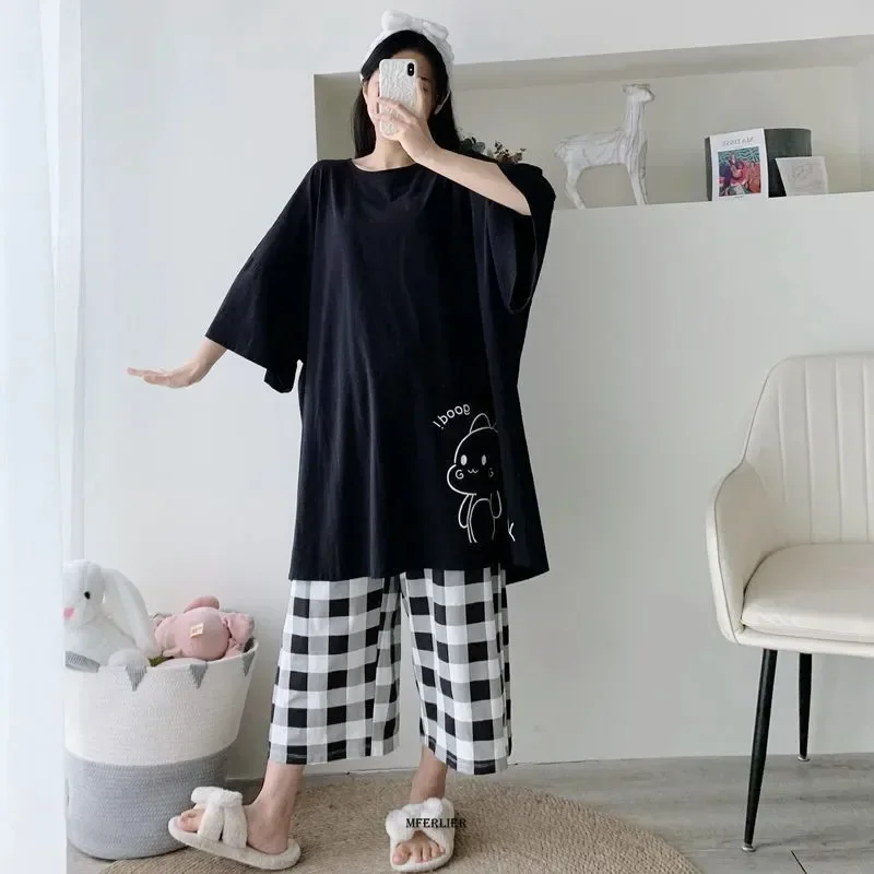 

Summer Women Pajamas Set O Neck Short Sleeve Tops and Pants Black Sweet Sleepwear Pajamas Suit