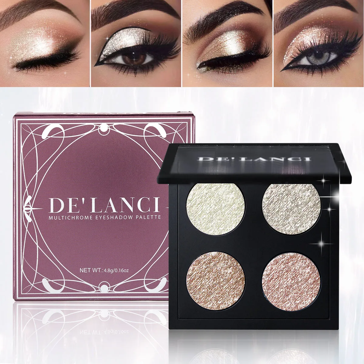 

Glitter Shimmer Metallic Eyeshadow Palette 4 Color,DE'LANCI Diamond Pearl Shiny Bling Korean Makeup for Eye/Face/Highlighter