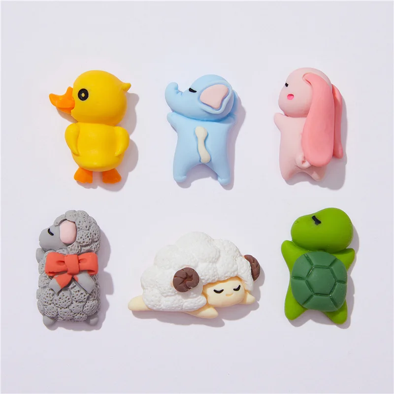 Figuras de dibujos animados de conejo, oveja, oso, elefante, pato, Tortuga, cabujones Kawaii, decoración de joyería artesanal, suministros para manualidades, 6 piezas