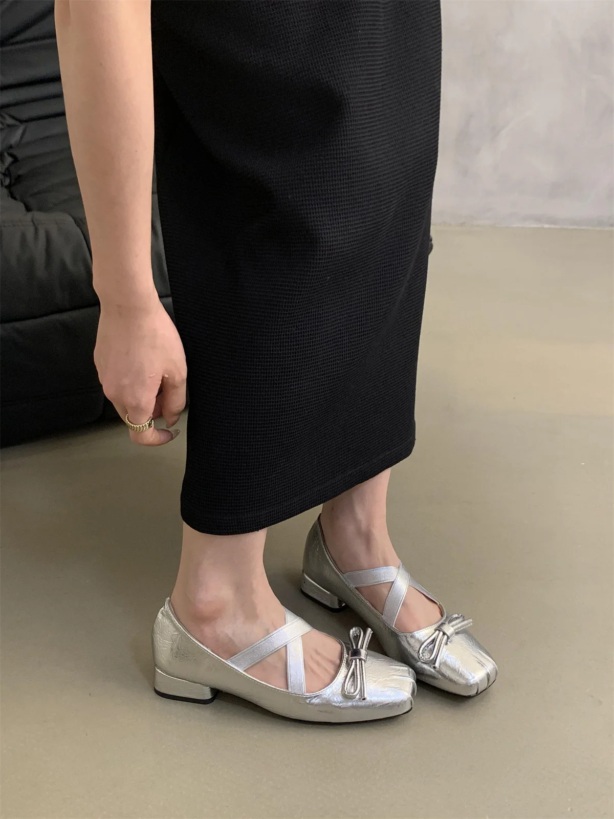 Silver Dress Low Heel Fashion Square Toe Shallow Ladies Elegant Ladies Casual Ballet Shoes Soft Ballerina Shoes Zapatos Mujer