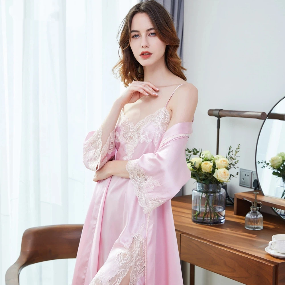 

19MM Silk Nightgown & Robe Set Women's 100% Mulberry Silk Lace Trim Chemise with Matching Bridal Kimono Sexy Two Piece Lingerie