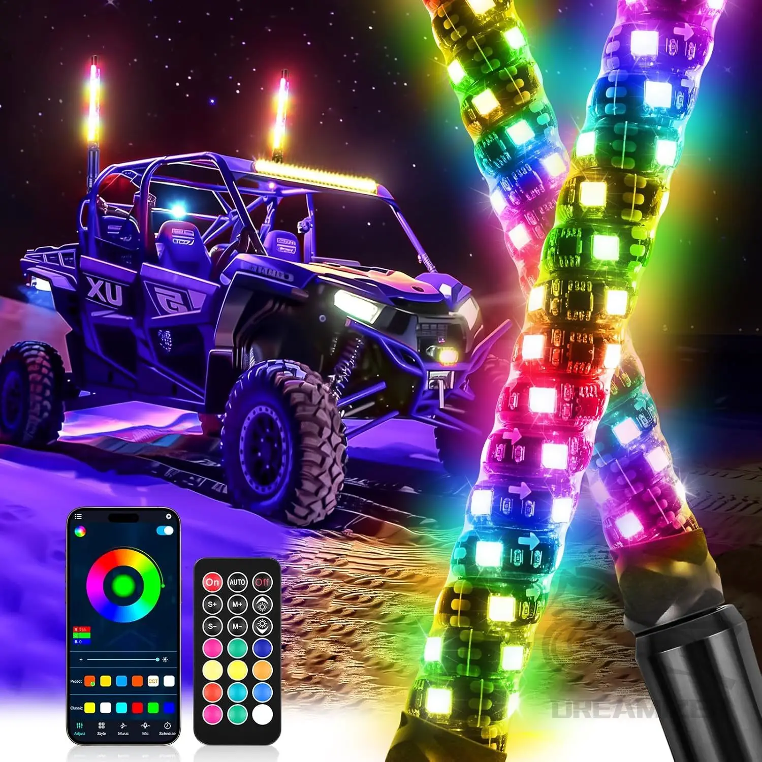 

2Pcs 1FT Spiral RGB LED Whip Lights Wireless Remote And APP Control RGB Chasing Lighted Antenna Whips For UTV ATV Truck Polaris