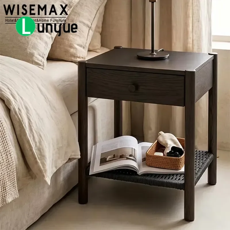 Nordic Modern Luxury Solid Ash Wood Bedside Table with Natural Paper Rope Design for Bedroom Hotel Villa Furniture