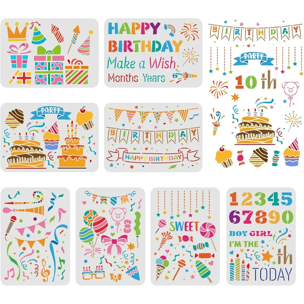 8pcs Bithday Party Drawing Painting Stencils Templates (11.6x8.3inch) Bithday Theme Templates Decoration Happy Bithday