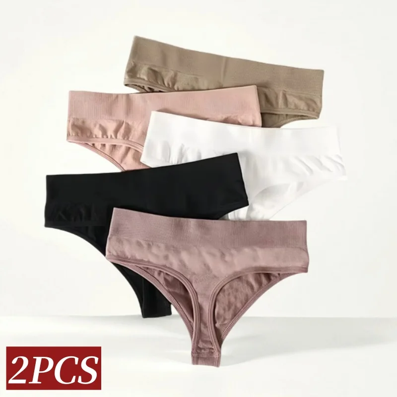 2PCS/Set Seamless Panties Sexy Women Underwear G-string Thong High Waist Solid Color Lingerie Sexy Female Underpants Intimates