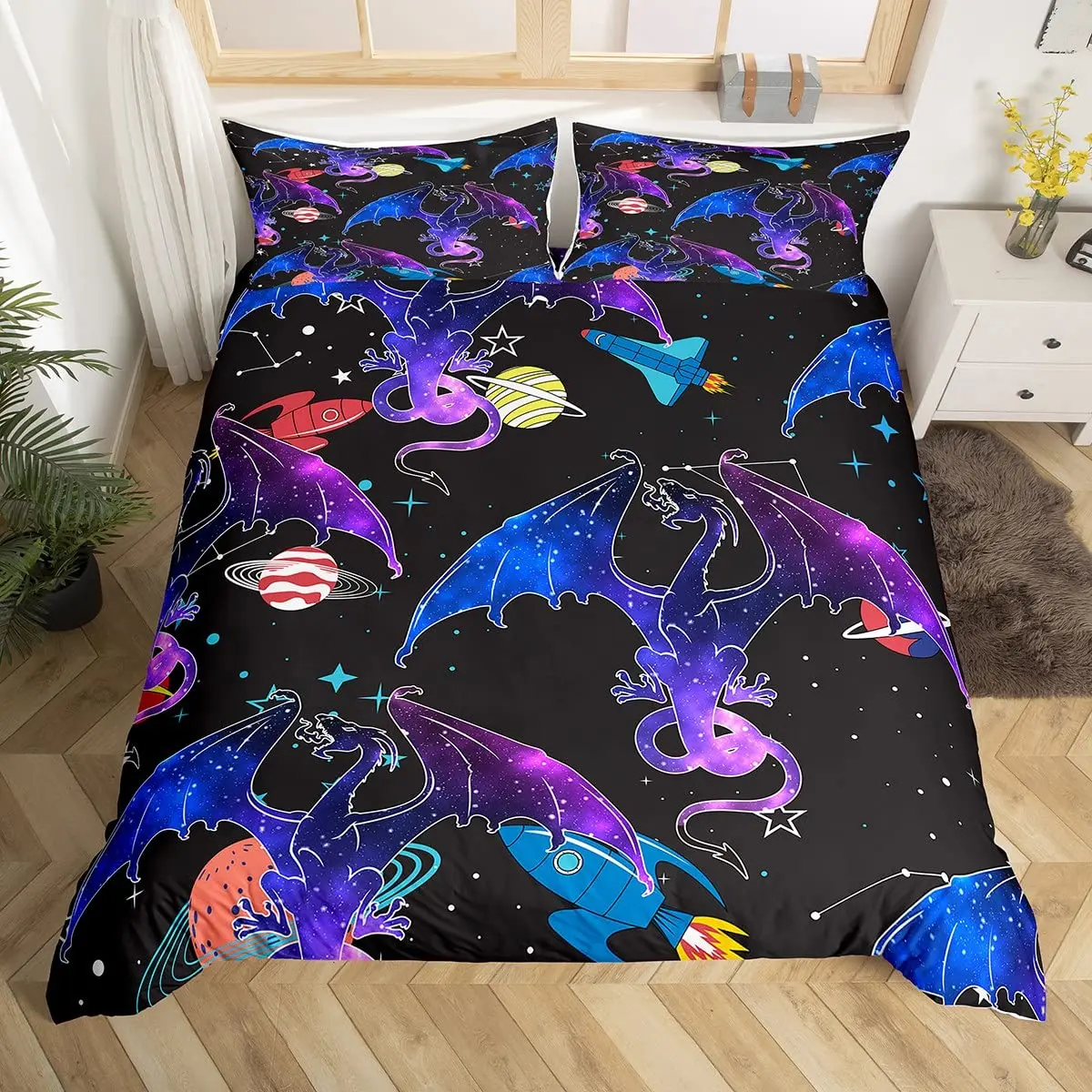 

Galaxy Dragon King Queen Duvet Cover Outer Space Starry Sky Bedding Set Jungle Animals Quilt Cover Cartoon Black Comforter Cover