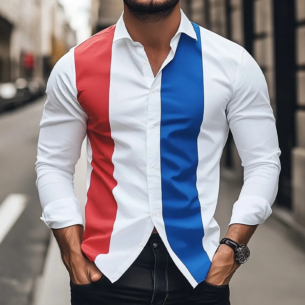 Men's new striped contrasting shirt, long-sleeved lapel, single-breasted spring and autumn business casual classic clothing men'