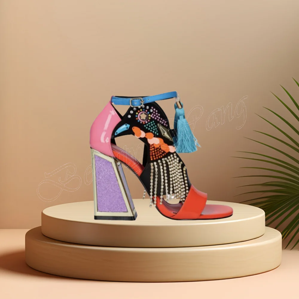 Moraima Snc Mixed Color Strange Style Sandals Open Toe Square Heel Shoes for Women High Heels Wedding Shoes Zapatillas Mujer