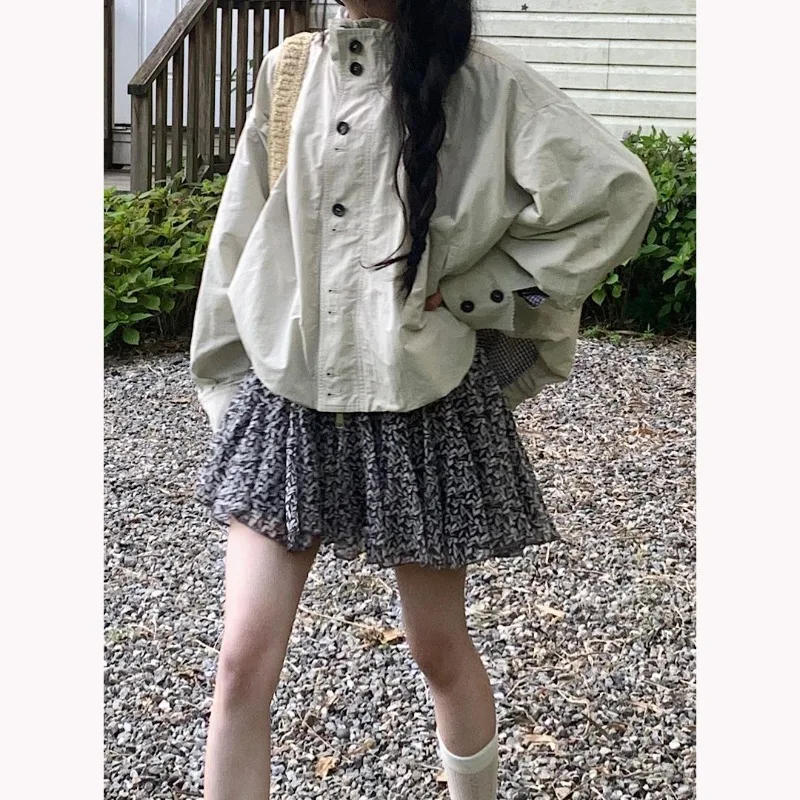 

Women's Bud-Shaped Short Jacket, 2025 Autumn New Early Spring Korean Style Stand Collar Plaid Patchwork Workwear Cardigan