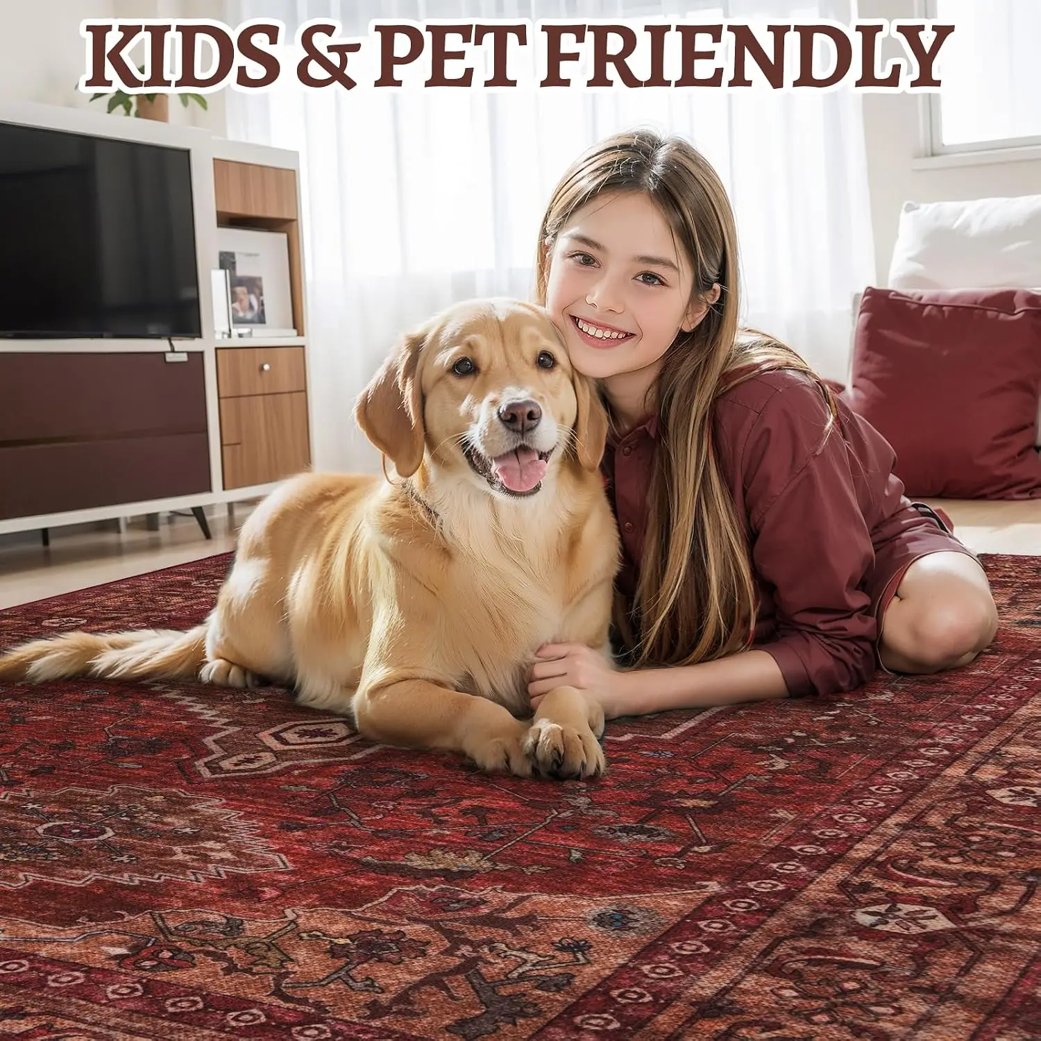 Polypropylene Area Rug, Vintage Boho Oriental Print Floor Carpet For Living Room Dining Area And Bedroom, Durable Washable Large Indoor Mat, Dark Red Single Pack - view 6