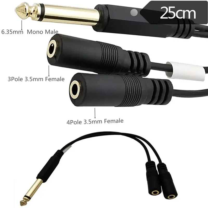 6.35mm One In Two Audio Cable 6.35mm Mono to Dual 3.5mm 3-Pole Female/4-Pole Female Speaker Audio Cable
