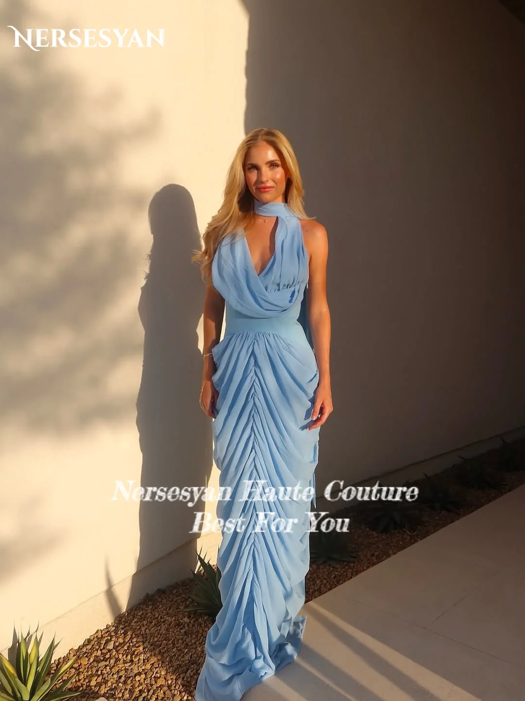 

Nersesyan Luxury Blue Mermaid Evening Dresses Draped Chiffon Formal Dress Ribbon Tiered Women Prom Party Gowns 2025 Customized