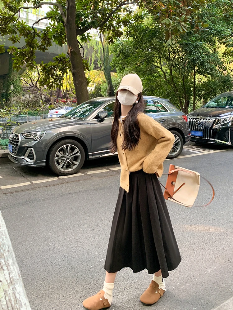 

Zeng Xiao Salted High Waist ey Pleated Skirt Korean Sle Women's Early Autumn New A-Line Umbrella Skirt Long Skirt