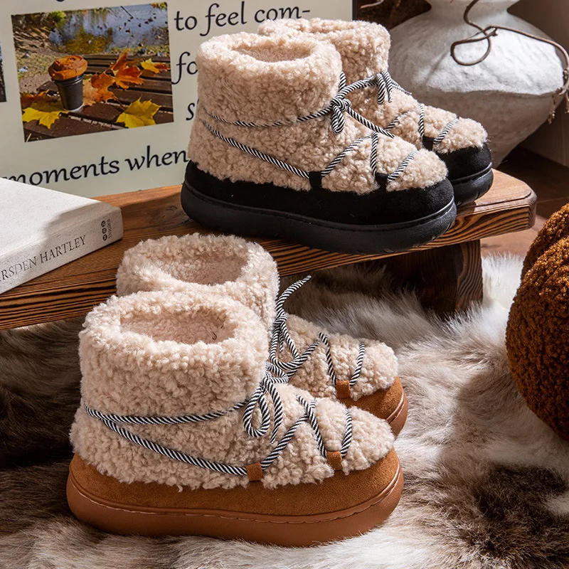 Thick-soled Fur Snow Boots for Women 2024 New Style Winter Plus Velvet Thickened Short Boots Warm and Fashionable Cotton Shoes