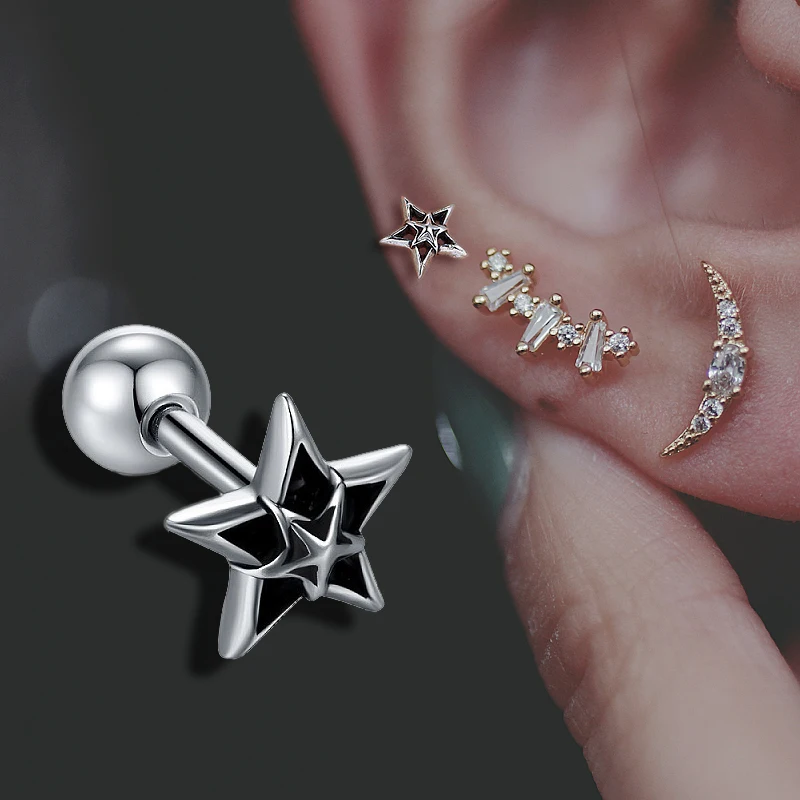 1pc Silver Color Star Earring Stainless Steel Retro Punk Style Streetwear Piercing Cartilage Men's Ear Jewelry For Women CC205