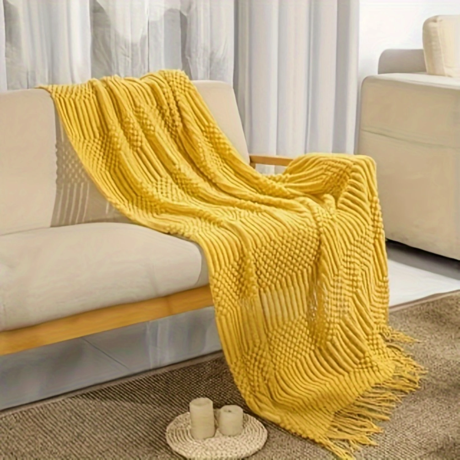 1pc Simple Solid Color Throw Blanket, Cute Knitted Fabric Plush Warm Keeping Blanket For Living Room & Bedroom, Camping, All Sea