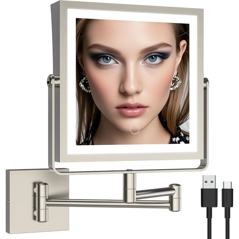 

Rechargeable Wall Mounted Makeup Mirror with Lights, Double Sided 1X/7X Magnifying, Touch Dimmable, 360° Rotation Foldable