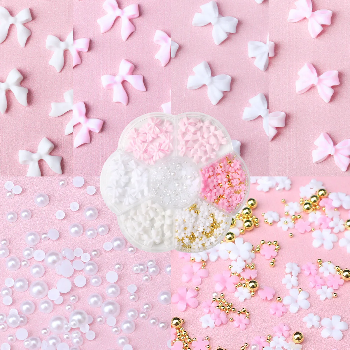 1Box Rosa Weiß Band Bögen 3D Kawaii Nail art Dekoration Blumen Gold Perlen Teile Nagel Charme Nette Zubehör maniküre Versorgung