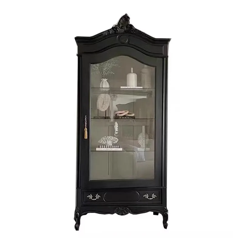 

solid wood carving restaurant side cabinet European glass door display cabinet Oak retro black locker single door customization