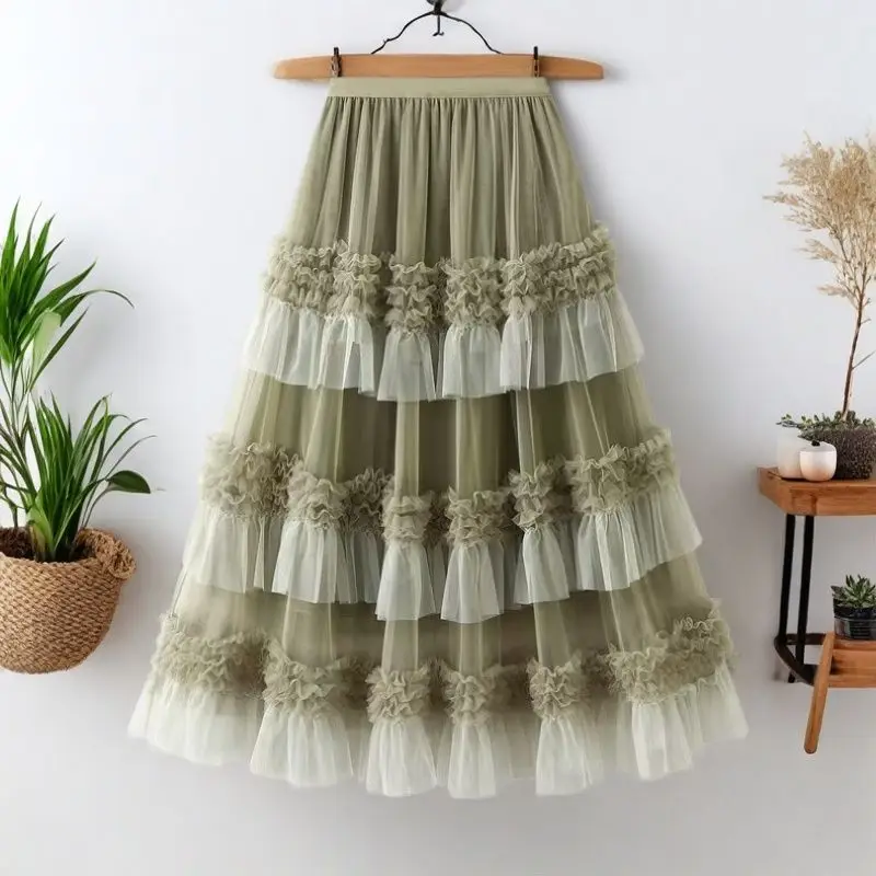 Modischer abgestufter Tüll-Maxirock für Frauen, 2025, neue elegante High Street A-Linie, hohe Taille, Netz-Langrock, weiblich