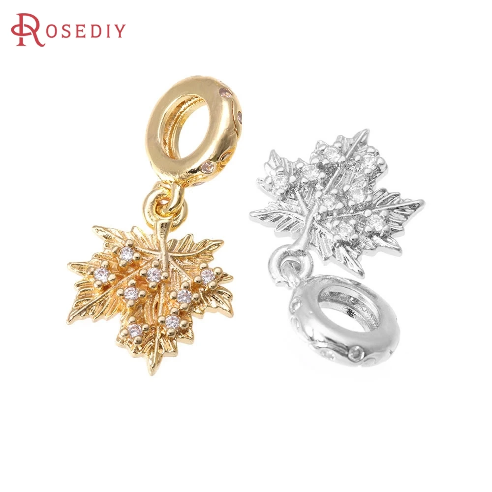 

4PCS 18K Gold Color Brass Zircon Large Hole Beads Maple Leaf Bracelets Charms Pendants High Quality Diy Necklace Jewelry Making