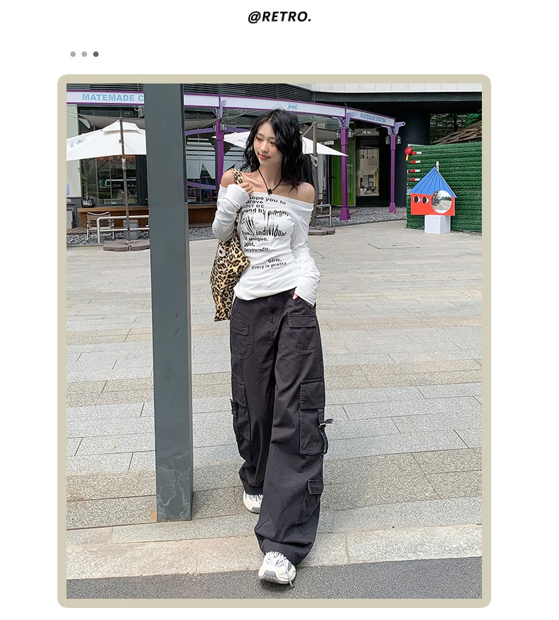 Shascullfites Damen Retro American High Street Weitbein-Overalls Lässige Hose mit Taschendesign Trendige Mode – Detail 22