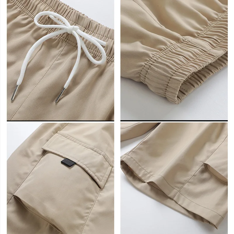 Multi Pockets Shorts Men Waistband Solid Color Loose Fitness Cargo Drawstring  Streetwear Clothing Baggy
