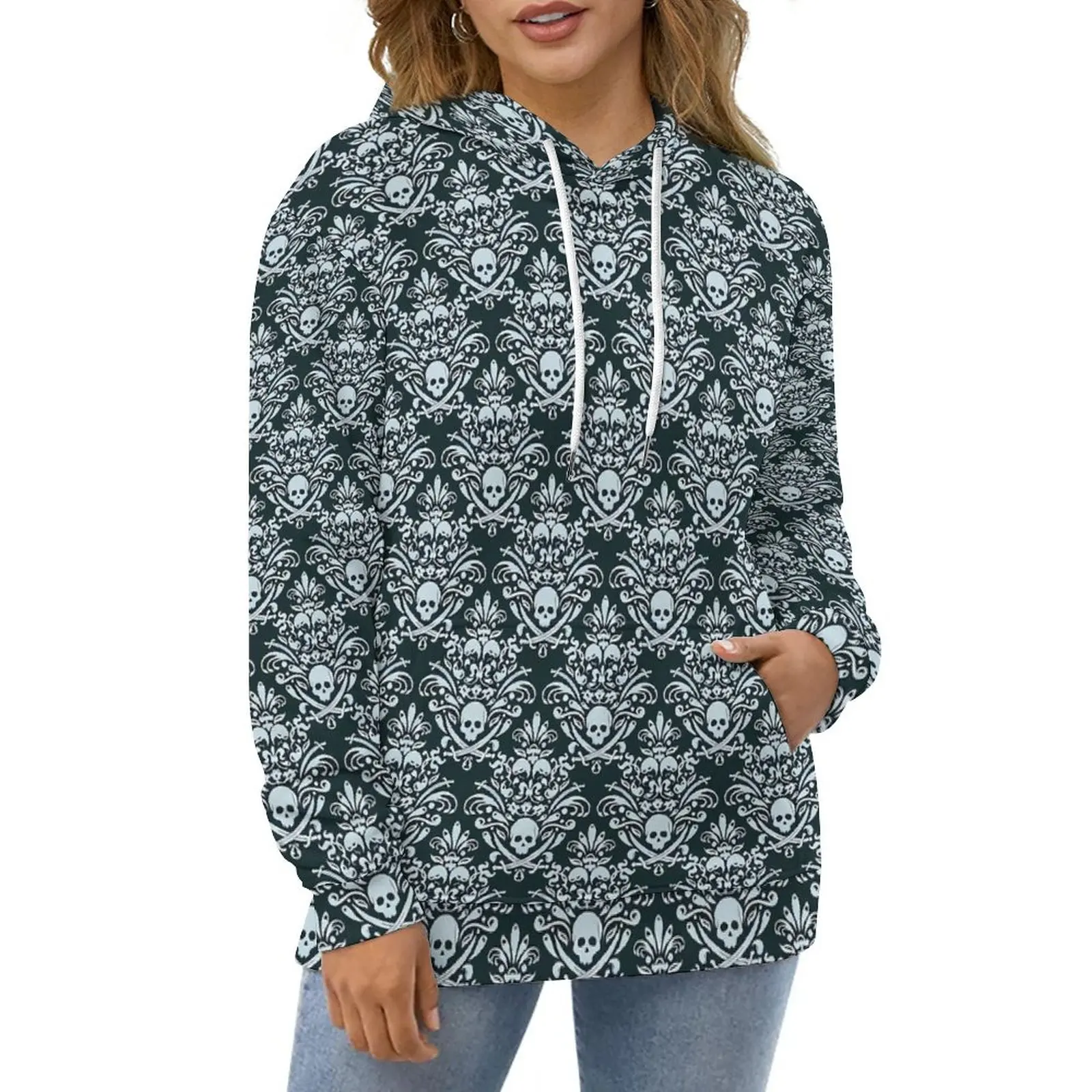 Baroque Print Hoodies Pirate Damask Floral Street Style Oversized Pullover Hoodie Womens Long Sleeve Elegant Casual Sweatshirts