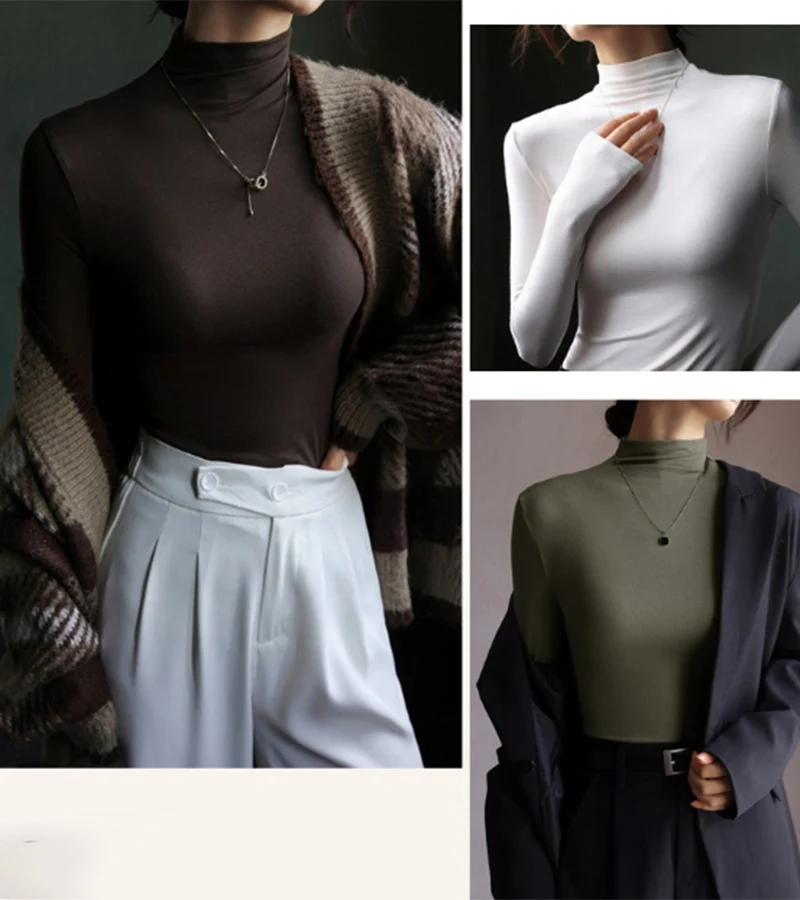 Frauen Solide Unterbekleidung Pullover Pullover Herbst Winter Casual Langarm Bodenbildung Tops Hohe Qualität Halb-Hohe Kragen Jumper – Detail 4