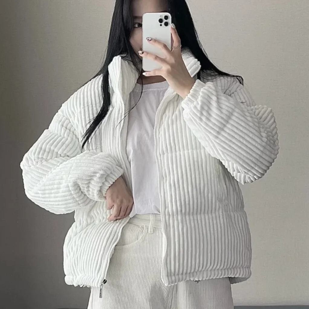 

Стильная зимняя хлопковая куртка женская свободного кроя, бархатная, розовая, с воротником-стойкой, в полоску, для повседневной носки, с длинными рукавами