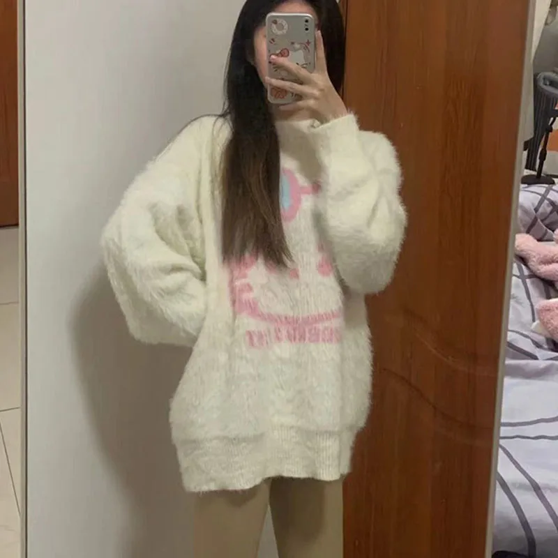 日本のハローキティセーターアニメサンリオかわいい長袖女の子トップスルーズOネックニットセーター秋冬ニットウェア