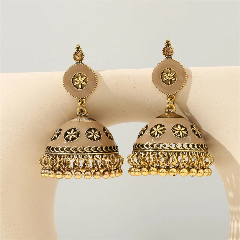 1pair Bohemian Bell Drip Earrings – Antique-Style Charms with Glossy Enamel Accents, Elegantly Ethnic.