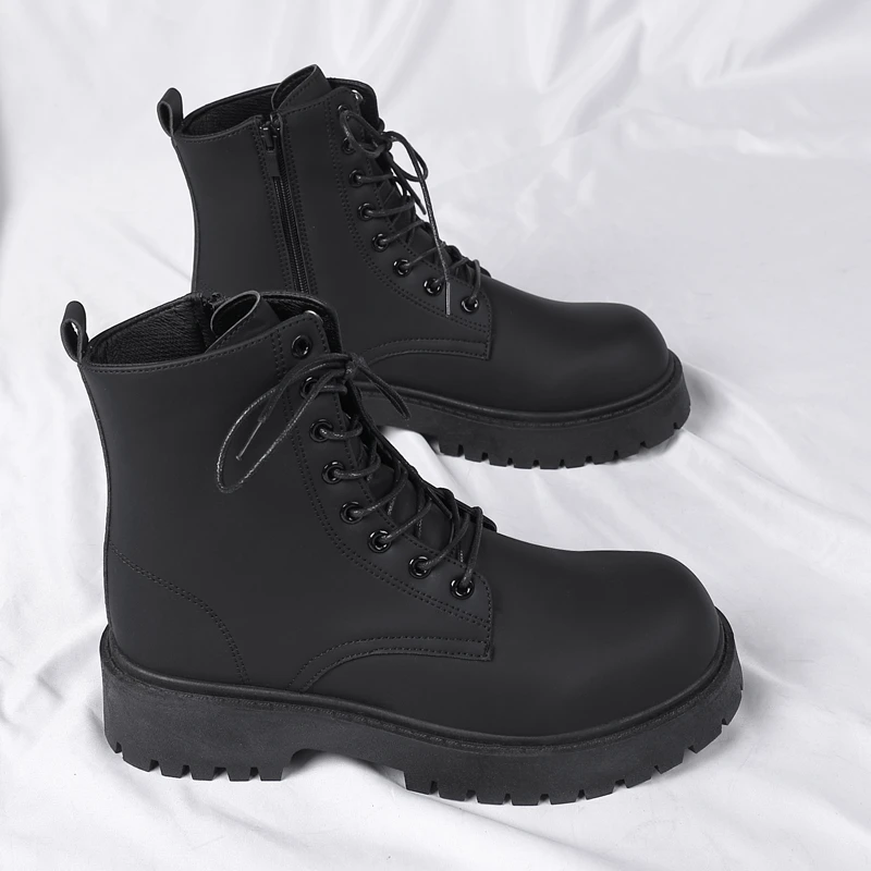 Men\'s Workwear Boots Autumn British Style Retro Round Head Solid Colour Footwear Lace Up Walking Shoes Ride Long boots