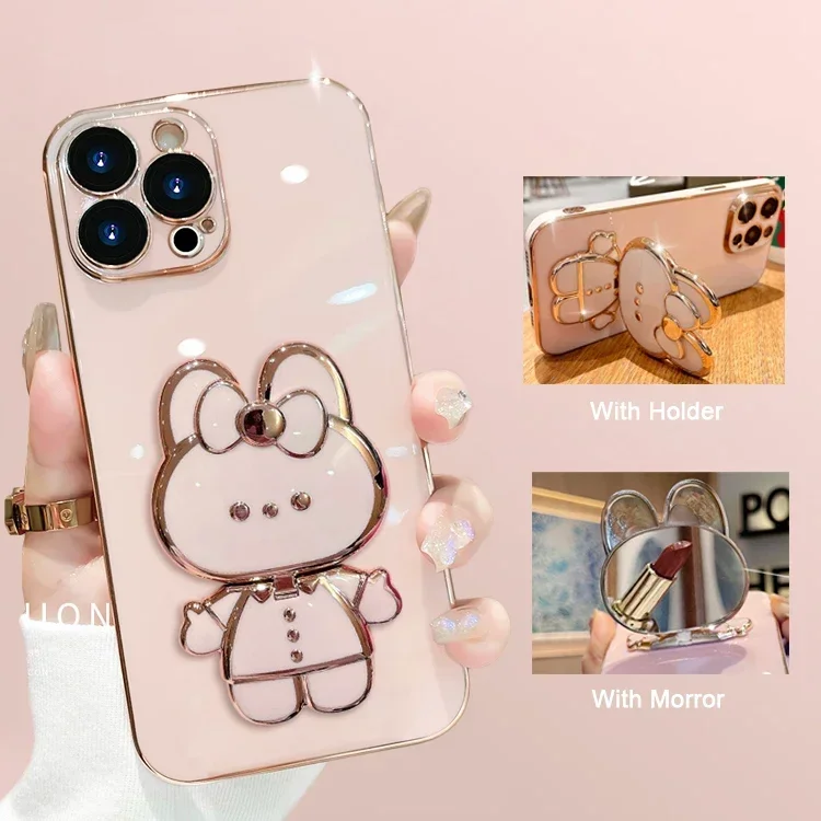 For iPhone 16 15 14 13 12 11 Pro 16Pro 15Pro Max X XR XS Max 8 7 Plus SE2 SE3 iphone15 Luxury Plating Holder Stand Phone Case